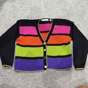 Vintage 80s 90s Colorblock Cardigan Sweater Neon Retro Chic Cotton Ramie Large